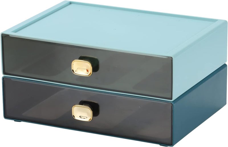 OSteed Spacious Desktop Storage Box, 2 Large Storage Drawers, Stackable Office Desk Drawer Organizer and Accessories, Printer Paper Organizer, Blue & Cyan Plastic Drawers for Workspace & Home - Image 1